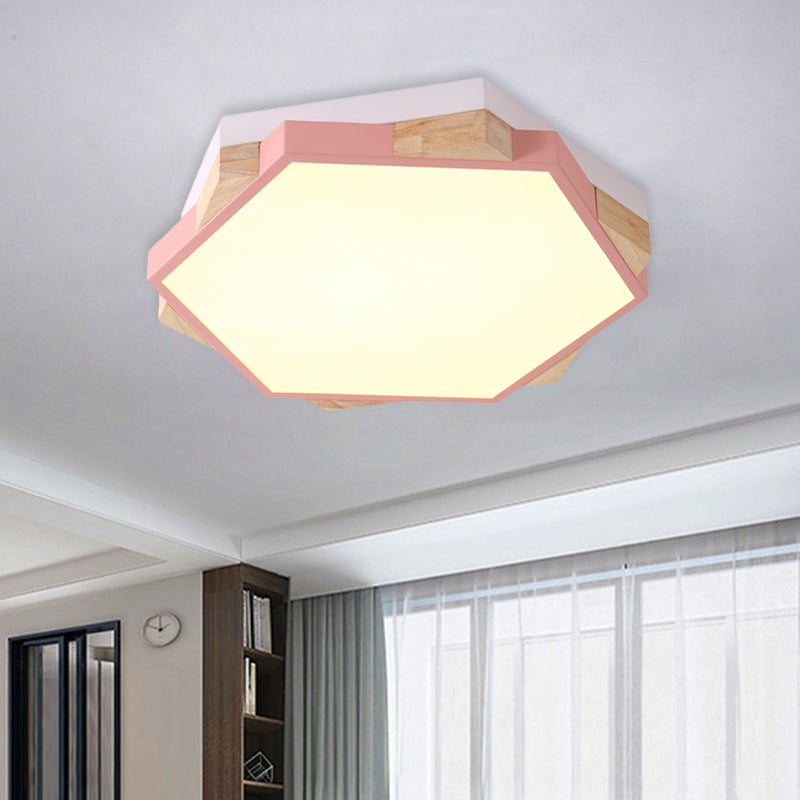 Bedroom Hexagon LED Flush Ceiling Light Acrylic Macaron Style Eye-Caring Ceiling Lamp in Black/Blue/Green/Pink/Yellow Pink Clearhalo 'Ceiling Lights' 'Close To Ceiling Lights' 'Close to ceiling' 'Flush mount' Lighting' 774533