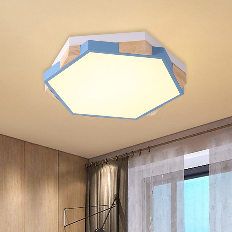 Bedroom Hexagon LED Flush Ceiling Light Acrylic Macaron Style Eye-Caring Ceiling Lamp in Black/Blue/Green/Pink/Yellow Blue Clearhalo 'Ceiling Lights' 'Close To Ceiling Lights' 'Close to ceiling' 'Flush mount' Lighting' 774536