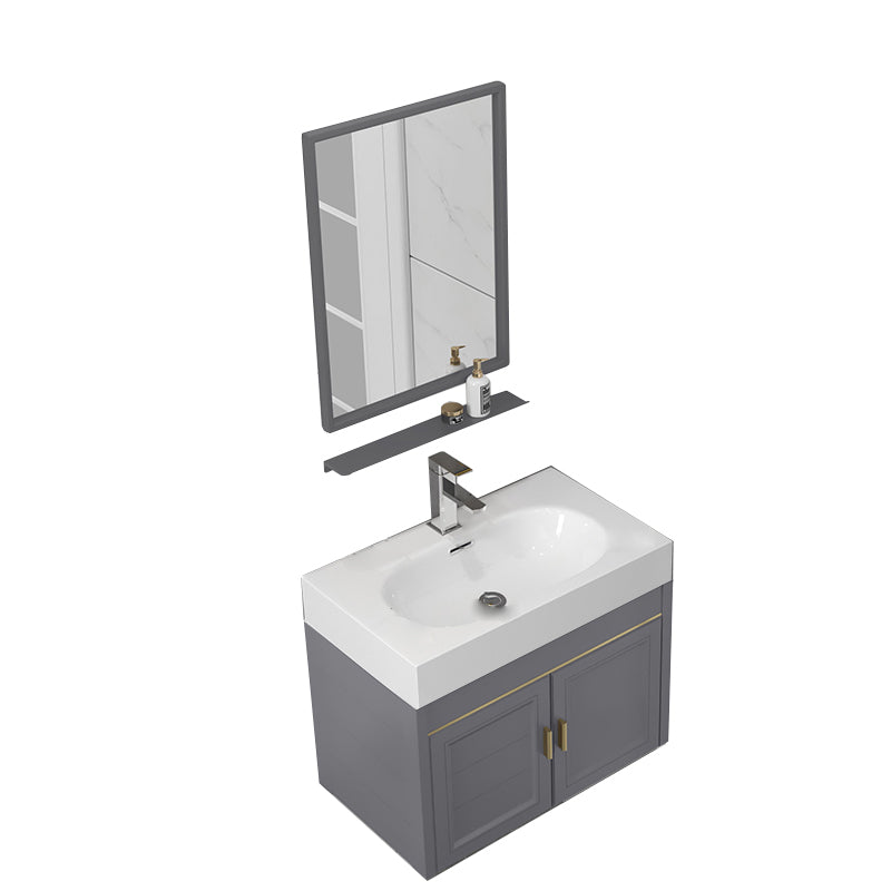 Wall Mount Glam Bathroom Vanity Metal Frame Single-Sink Gray Vanity Set Vanity & Faucet & Mirrors 24"L x 14"W x 19"H Gray Clearhalo 'Bathroom Remodel & Bathroom Fixtures' 'Bathroom Vanities' 'bathroom_vanities' 'Home Improvement' 'home_improvement' 'home_improvement_bathroom_vanities' 7755158