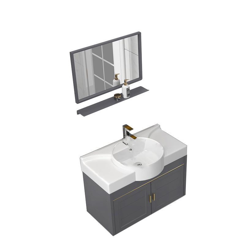 Wall Mount Glam Bathroom Vanity Metal Frame Single-Sink Gray Vanity Set Vanity & Faucet & Mirrors 30"L x 13"W x 20"H Gray Clearhalo 'Bathroom Remodel & Bathroom Fixtures' 'Bathroom Vanities' 'bathroom_vanities' 'Home Improvement' 'home_improvement' 'home_improvement_bathroom_vanities' 7755161