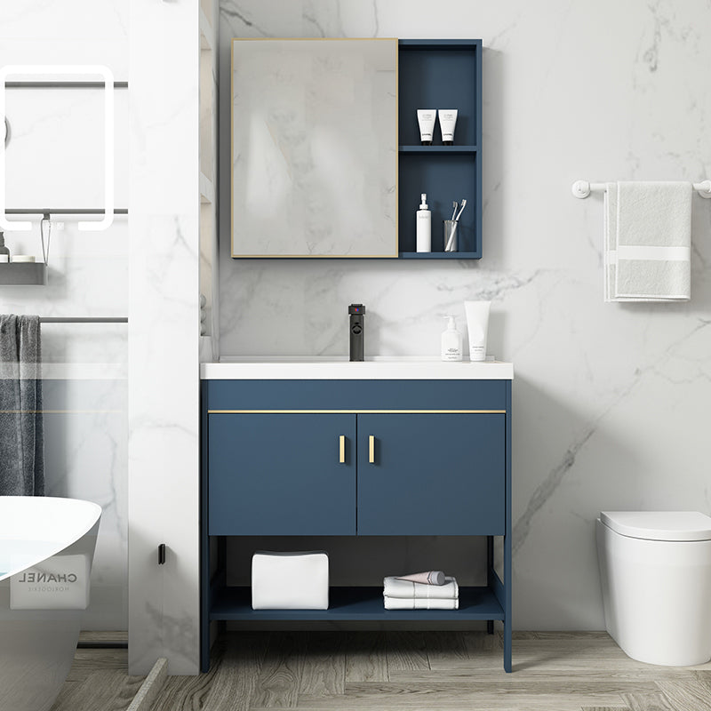 Shelving Included Vanity Blue Mirror Single Sink Freestanding Faucet Vanity with 2 Doors Clearhalo 'Bathroom Remodel & Bathroom Fixtures' 'Bathroom Vanities' 'bathroom_vanities' 'Home Improvement' 'home_improvement' 'home_improvement_bathroom_vanities' 7755258