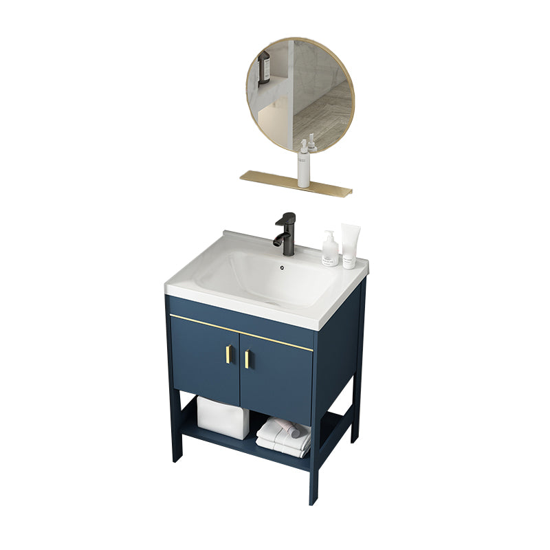 Shelving Included Vanity Blue Mirror Single Sink Freestanding Faucet Vanity with 2 Doors Vanity & Faucet & Round Mirror 24"L x 16"W x 33"H Clearhalo 'Bathroom Remodel & Bathroom Fixtures' 'Bathroom Vanities' 'bathroom_vanities' 'Home Improvement' 'home_improvement' 'home_improvement_bathroom_vanities' 7755262