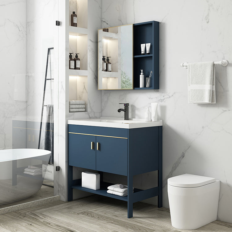 Shelving Included Vanity Blue Mirror Single Sink Freestanding Faucet Vanity with 2 Doors Clearhalo 'Bathroom Remodel & Bathroom Fixtures' 'Bathroom Vanities' 'bathroom_vanities' 'Home Improvement' 'home_improvement' 'home_improvement_bathroom_vanities' 7755263