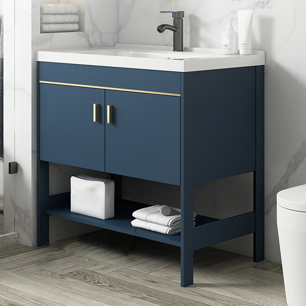 Shelving Included Vanity Blue Mirror Single Sink Freestanding Faucet Vanity with 2 Doors Clearhalo 'Bathroom Remodel & Bathroom Fixtures' 'Bathroom Vanities' 'bathroom_vanities' 'Home Improvement' 'home_improvement' 'home_improvement_bathroom_vanities' 7755264