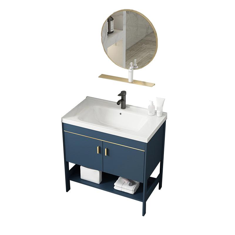 Shelving Included Vanity Blue Mirror Single Sink Freestanding Faucet Vanity with 2 Doors Vanity & Faucet & Round Mirror Clearhalo 'Bathroom Remodel & Bathroom Fixtures' 'Bathroom Vanities' 'bathroom_vanities' 'Home Improvement' 'home_improvement' 'home_improvement_bathroom_vanities' 7755265