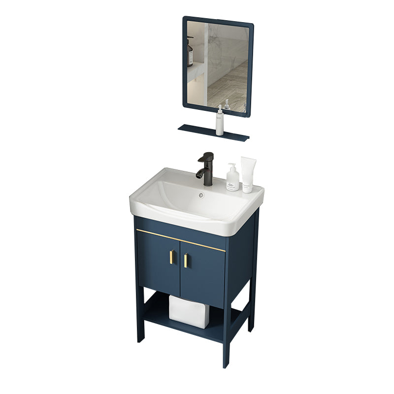 Shelving Included Vanity Blue Mirror Single Sink Freestanding Faucet Vanity with 2 Doors Vanity & Faucet & Square Mirror 20"L x 14"W x 33"H Clearhalo 'Bathroom Remodel & Bathroom Fixtures' 'Bathroom Vanities' 'bathroom_vanities' 'Home Improvement' 'home_improvement' 'home_improvement_bathroom_vanities' 7755269