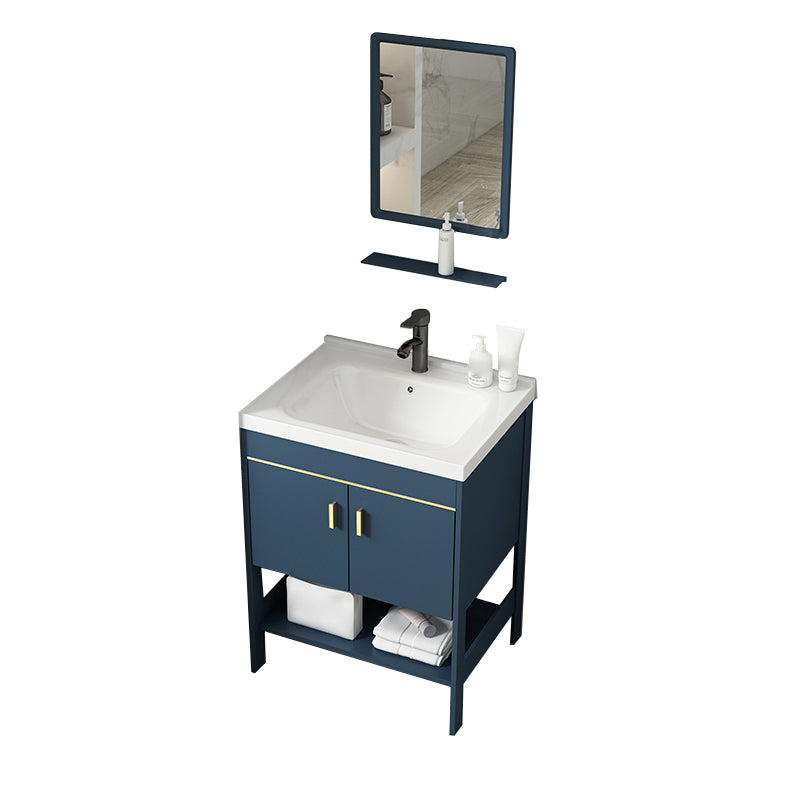 Shelving Included Vanity Blue Mirror Single Sink Freestanding Faucet Vanity with 2 Doors Vanity & Faucet & Square Mirror 24"L x 16"W x 33"H Clearhalo 'Bathroom Remodel & Bathroom Fixtures' 'Bathroom Vanities' 'bathroom_vanities' 'Home Improvement' 'home_improvement' 'home_improvement_bathroom_vanities' 7755270