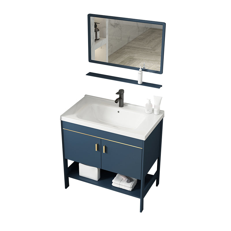 Shelving Included Vanity Blue Mirror Single Sink Freestanding Faucet Vanity with 2 Doors Vanity & Faucet & Square Mirror Clearhalo 'Bathroom Remodel & Bathroom Fixtures' 'Bathroom Vanities' 'bathroom_vanities' 'Home Improvement' 'home_improvement' 'home_improvement_bathroom_vanities' 7755272