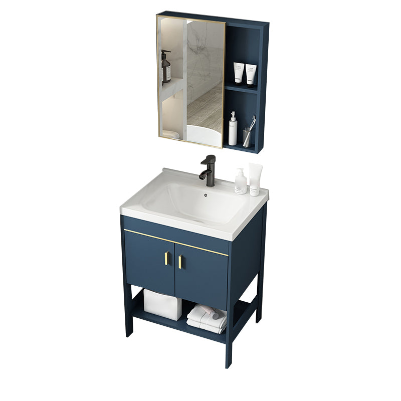 Shelving Included Vanity Blue Mirror Single Sink Freestanding Faucet Vanity with 2 Doors Vanity & Faucet & Mirror Cabinet 24"L x 16"W x 33"H Clearhalo 'Bathroom Remodel & Bathroom Fixtures' 'Bathroom Vanities' 'bathroom_vanities' 'Home Improvement' 'home_improvement' 'home_improvement_bathroom_vanities' 7755275