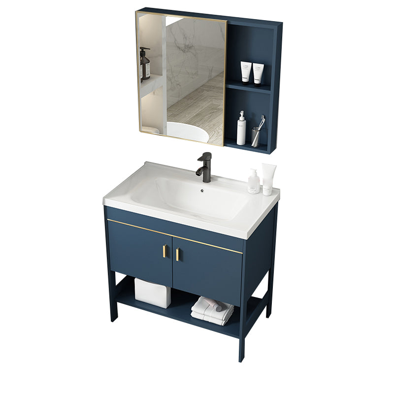 Shelving Included Vanity Blue Mirror Single Sink Freestanding Faucet Vanity with 2 Doors Vanity & Faucet & Mirror Cabinet Clearhalo 'Bathroom Remodel & Bathroom Fixtures' 'Bathroom Vanities' 'bathroom_vanities' 'Home Improvement' 'home_improvement' 'home_improvement_bathroom_vanities' 7755276