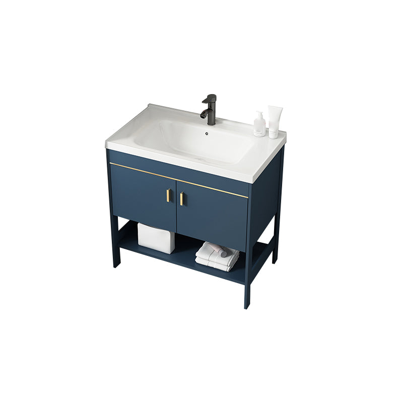 Shelving Included Vanity Blue Mirror Single Sink Freestanding Faucet Vanity with 2 Doors Vanity & Faucet Clearhalo 'Bathroom Remodel & Bathroom Fixtures' 'Bathroom Vanities' 'bathroom_vanities' 'Home Improvement' 'home_improvement' 'home_improvement_bathroom_vanities' 7755280