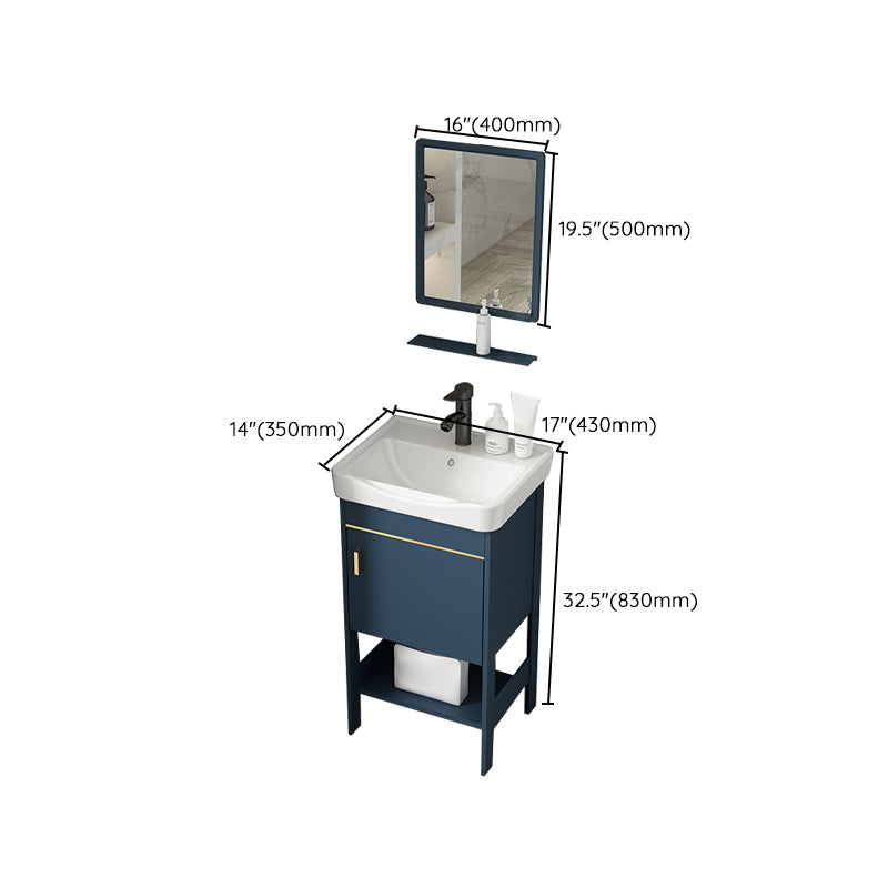 Shelving Included Vanity Blue Mirror Single Sink Freestanding Faucet Vanity with 2 Doors Clearhalo 'Bathroom Remodel & Bathroom Fixtures' 'Bathroom Vanities' 'bathroom_vanities' 'Home Improvement' 'home_improvement' 'home_improvement_bathroom_vanities' 7755291