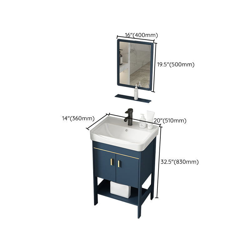 Shelving Included Vanity Blue Mirror Single Sink Freestanding Faucet Vanity with 2 Doors Clearhalo 'Bathroom Remodel & Bathroom Fixtures' 'Bathroom Vanities' 'bathroom_vanities' 'Home Improvement' 'home_improvement' 'home_improvement_bathroom_vanities' 7755292