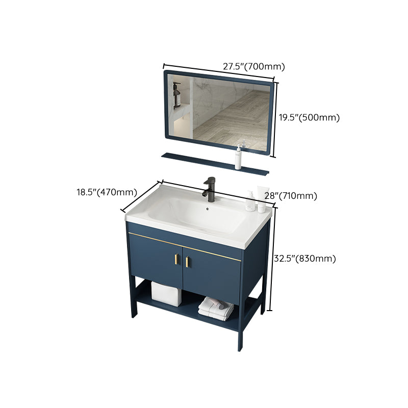 Shelving Included Vanity Blue Mirror Single Sink Freestanding Faucet Vanity with 2 Doors Clearhalo 'Bathroom Remodel & Bathroom Fixtures' 'Bathroom Vanities' 'bathroom_vanities' 'Home Improvement' 'home_improvement' 'home_improvement_bathroom_vanities' 7755294