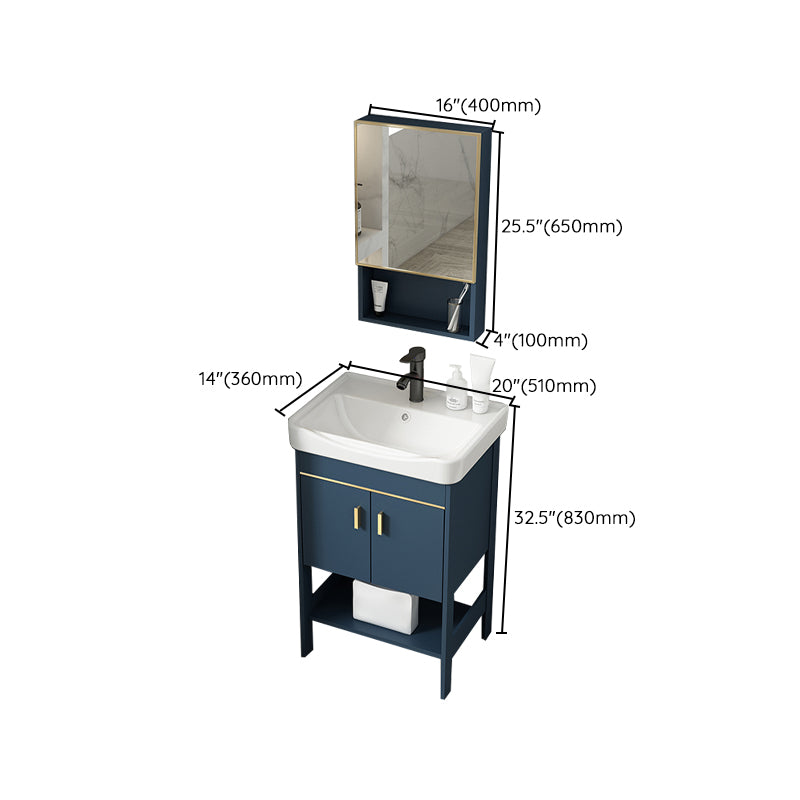 Shelving Included Vanity Blue Mirror Single Sink Freestanding Faucet Vanity with 2 Doors Clearhalo 'Bathroom Remodel & Bathroom Fixtures' 'Bathroom Vanities' 'bathroom_vanities' 'Home Improvement' 'home_improvement' 'home_improvement_bathroom_vanities' 7755297