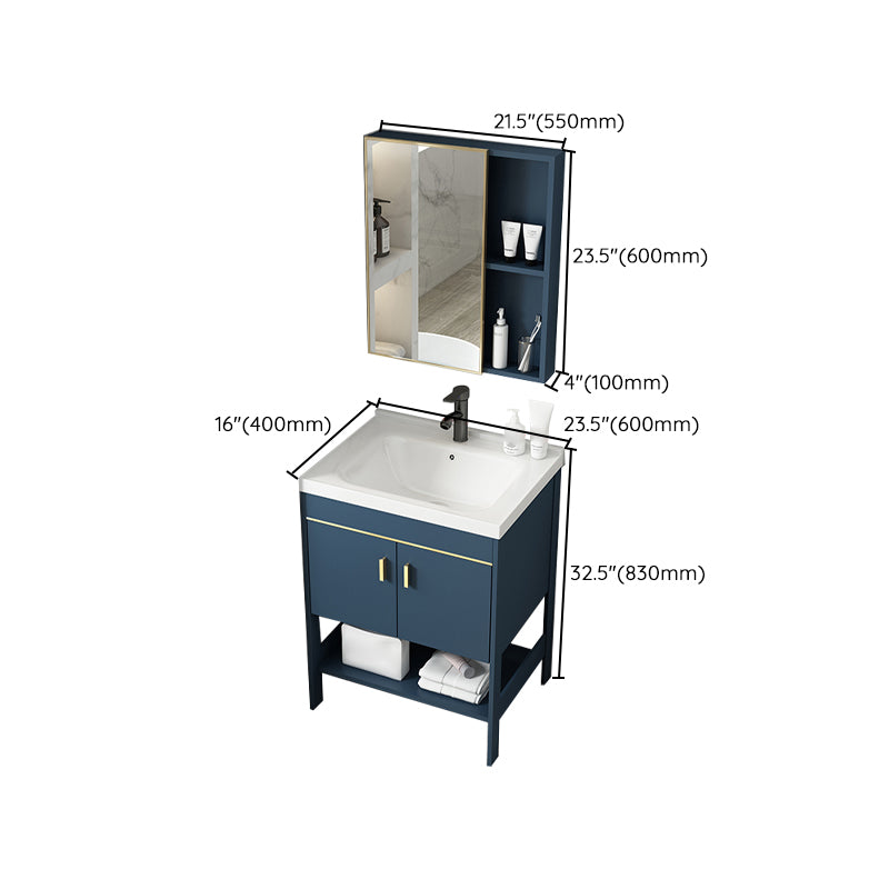 Shelving Included Vanity Blue Mirror Single Sink Freestanding Faucet Vanity with 2 Doors Clearhalo 'Bathroom Remodel & Bathroom Fixtures' 'Bathroom Vanities' 'bathroom_vanities' 'Home Improvement' 'home_improvement' 'home_improvement_bathroom_vanities' 7755298
