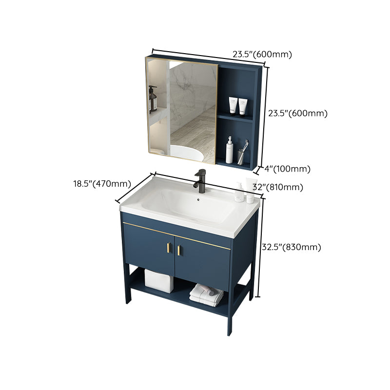 Shelving Included Vanity Blue Mirror Single Sink Freestanding Faucet Vanity with 2 Doors Clearhalo 'Bathroom Remodel & Bathroom Fixtures' 'Bathroom Vanities' 'bathroom_vanities' 'Home Improvement' 'home_improvement' 'home_improvement_bathroom_vanities' 7755300