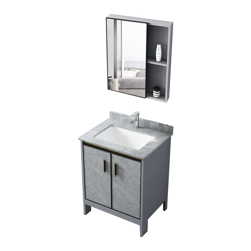 Grey Bathroom Vanity Metal Frame Freestanding Single Sink Rectangular Vanity with Doors Vanity & Faucet & Mirror Cabinet 24"L x 16"W x 31"H Clearhalo 'Bathroom Remodel & Bathroom Fixtures' 'Bathroom Vanities' 'bathroom_vanities' 'Home Improvement' 'home_improvement' 'home_improvement_bathroom_vanities' 7755307