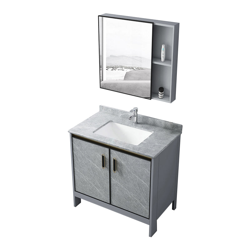 Grey Bathroom Vanity Metal Frame Freestanding Single Sink Rectangular Vanity with Doors Vanity & Faucet & Mirror Cabinet Clearhalo 'Bathroom Remodel & Bathroom Fixtures' 'Bathroom Vanities' 'bathroom_vanities' 'Home Improvement' 'home_improvement' 'home_improvement_bathroom_vanities' 7755310