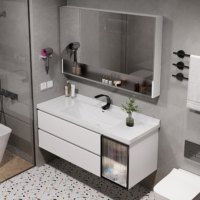 2 Drawers Vanity White Metal Frame Wall Mount Rectangular Mirror Single Sink Vanity Clearhalo 'Bathroom Remodel & Bathroom Fixtures' 'Bathroom Vanities' 'bathroom_vanities' 'Home Improvement' 'home_improvement' 'home_improvement_bathroom_vanities' 7769928