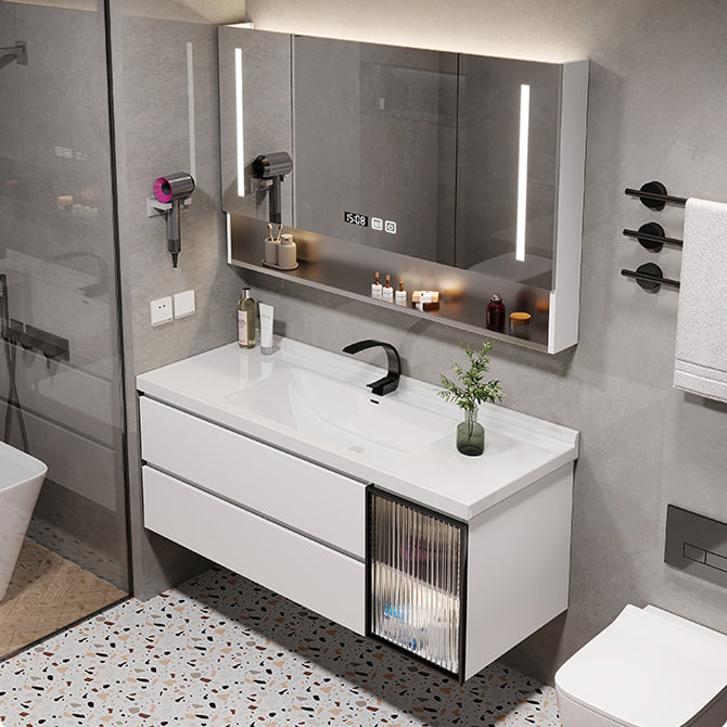 2 Drawers Vanity White Metal Frame Wall Mount Rectangular Mirror Single Sink Vanity Clearhalo 'Bathroom Remodel & Bathroom Fixtures' 'Bathroom Vanities' 'bathroom_vanities' 'Home Improvement' 'home_improvement' 'home_improvement_bathroom_vanities' 7769930