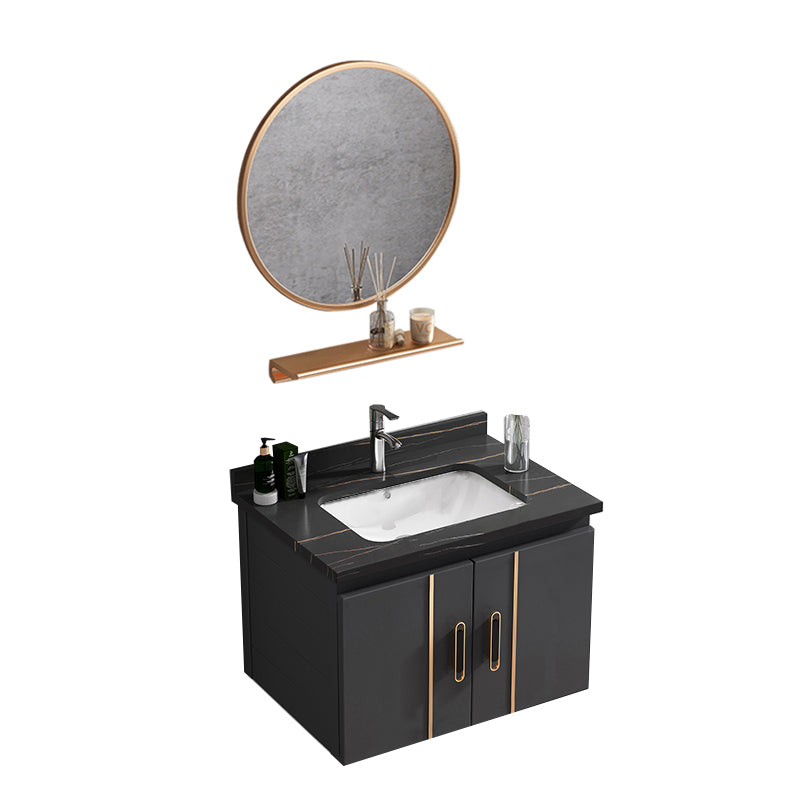 Single Glam Bathroom Vanity Dark Gray Rectangular Wall Mount Vanity Set Vanity & Faucet & Mirrors 24"L x 19"W x 16"H Black Clearhalo 'Bathroom Remodel & Bathroom Fixtures' 'Bathroom Vanities' 'bathroom_vanities' 'Home Improvement' 'home_improvement' 'home_improvement_bathroom_vanities' 7784560