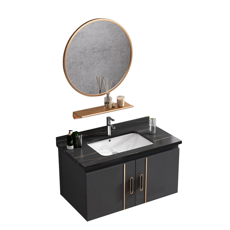 Single Glam Bathroom Vanity Dark Gray Rectangular Wall Mount Vanity Set Vanity & Faucet & Mirrors Black Clearhalo 'Bathroom Remodel & Bathroom Fixtures' 'Bathroom Vanities' 'bathroom_vanities' 'Home Improvement' 'home_improvement' 'home_improvement_bathroom_vanities' 7784561