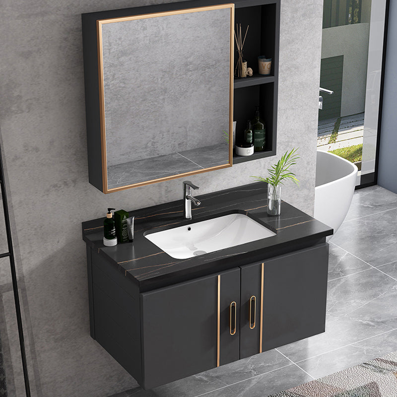 Single Glam Bathroom Vanity Dark Gray Rectangular Wall Mount Vanity Set Clearhalo 'Bathroom Remodel & Bathroom Fixtures' 'Bathroom Vanities' 'bathroom_vanities' 'Home Improvement' 'home_improvement' 'home_improvement_bathroom_vanities' 7784562