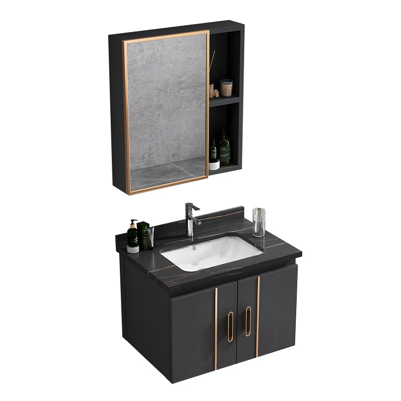 Single Glam Bathroom Vanity Dark Gray Rectangular Wall Mount Vanity Set Vanity & Faucet & Mirror Cabinet 24"L x 19"W x 16"H Black Clearhalo 'Bathroom Remodel & Bathroom Fixtures' 'Bathroom Vanities' 'bathroom_vanities' 'Home Improvement' 'home_improvement' 'home_improvement_bathroom_vanities' 7784572