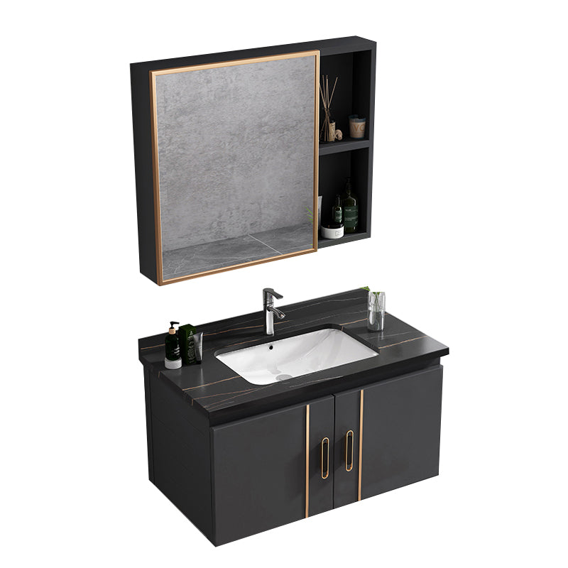 Single Glam Bathroom Vanity Dark Gray Rectangular Wall Mount Vanity Set Vanity & Faucet & Mirror Cabinet Black Clearhalo 'Bathroom Remodel & Bathroom Fixtures' 'Bathroom Vanities' 'bathroom_vanities' 'Home Improvement' 'home_improvement' 'home_improvement_bathroom_vanities' 7784574