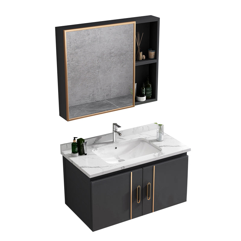 Single Glam Bathroom Vanity Dark Gray Rectangular Wall Mount Vanity Set Vanity & Faucet & Mirror Cabinet 31"L x 19"W x 16"H White Clearhalo 'Bathroom Remodel & Bathroom Fixtures' 'Bathroom Vanities' 'bathroom_vanities' 'Home Improvement' 'home_improvement' 'home_improvement_bathroom_vanities' 7784578