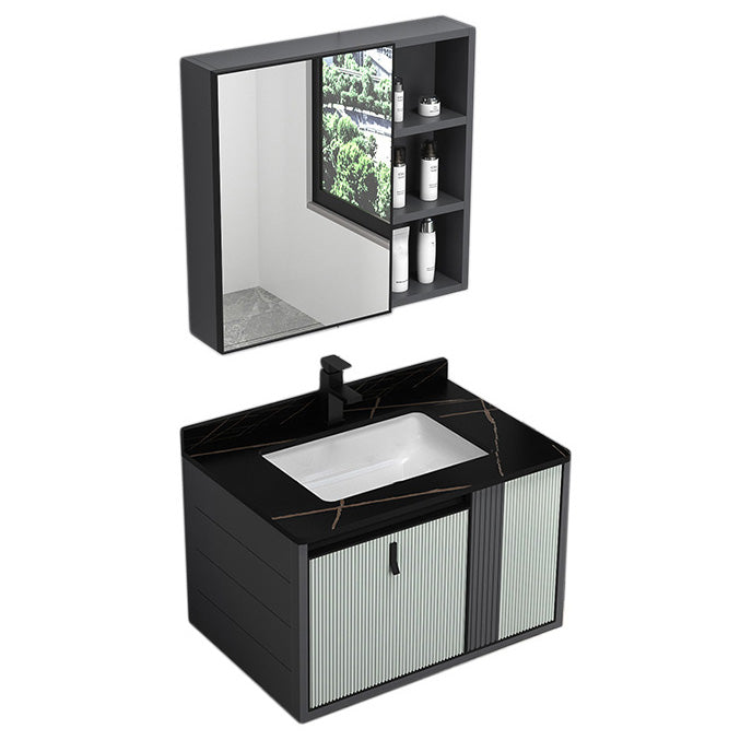 Wall Mount Metal Modern Bathroom Sink Vanity with Sink Faucet Vanity & Faucet & Mirror Cabinet 28"L x 19"W x 18"H Black Clearhalo 'Bathroom Remodel & Bathroom Fixtures' 'Bathroom Vanities' 'bathroom_vanities' 'Home Improvement' 'home_improvement' 'home_improvement_bathroom_vanities' 7800454