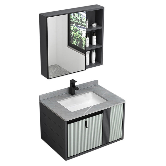 Wall Mount Metal Modern Bathroom Sink Vanity with Sink Faucet Vanity & Faucet & Mirror Cabinet 28"L x 19"W x 18"H Gray Clearhalo 'Bathroom Remodel & Bathroom Fixtures' 'Bathroom Vanities' 'bathroom_vanities' 'Home Improvement' 'home_improvement' 'home_improvement_bathroom_vanities' 7800456