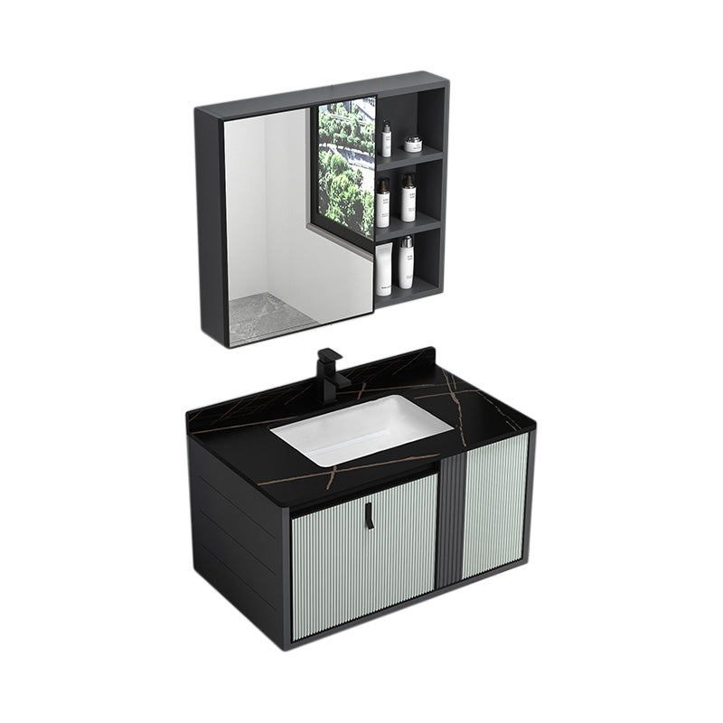 Wall Mount Metal Modern Bathroom Sink Vanity with Sink Faucet Vanity & Faucet & Mirror Cabinet 32"L x 19"W x 18"H Black Clearhalo 'Bathroom Remodel & Bathroom Fixtures' 'Bathroom Vanities' 'bathroom_vanities' 'Home Improvement' 'home_improvement' 'home_improvement_bathroom_vanities' 7800461