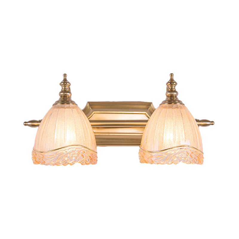 Brass 2 Lights Vanity Wall Lighting Traditional Carved Glass Domed Wall Sconce Lamp for Bathroom Clearhalo 'Vanity Lights' 'Wall Lights' Lighting' 780590