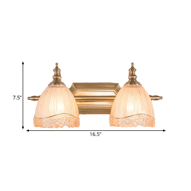 Brass 2 Lights Vanity Wall Lighting Traditional Carved Glass Domed Wall Sconce Lamp for Bathroom Clearhalo 'Vanity Lights' 'Wall Lights' Lighting' 780592