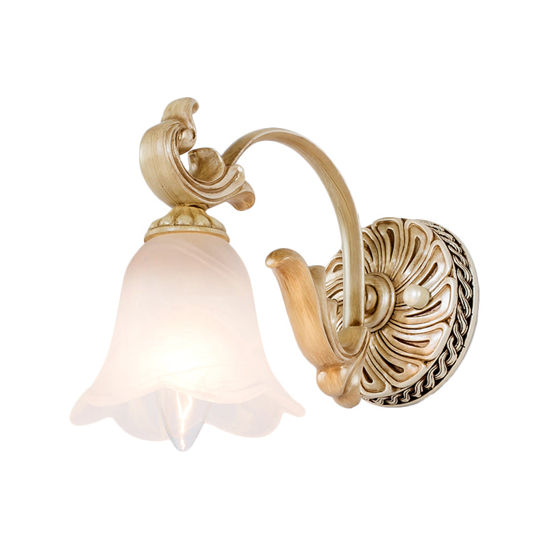 1/2/3-Head Flower Vanity Light Fixture Colonial Style Gold Opal Glass Wall Mounted Lamp for Bathroom Clearhalo 'Vanity Lights' 'Wall Lights' Lighting' 780594