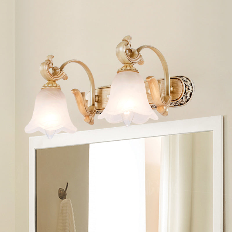 1/2/3-Head Flower Vanity Light Fixture Colonial Style Gold Opal Glass Wall Mounted Lamp for Bathroom 2.0 Gold Clearhalo 'Vanity Lights' 'Wall Lights' Lighting' 780597