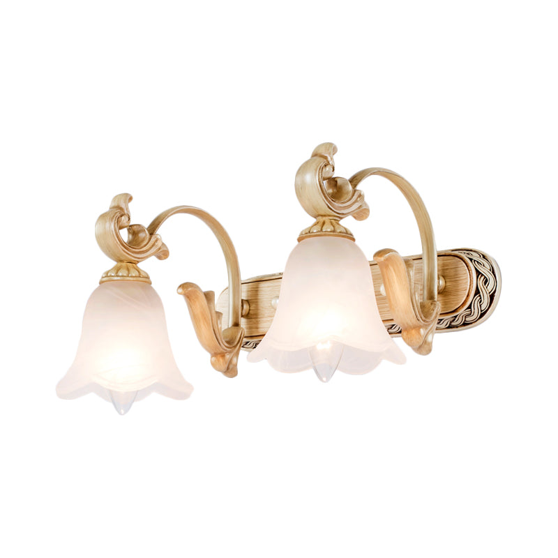 1/2/3-Head Flower Vanity Light Fixture Colonial Style Gold Opal Glass Wall Mounted Lamp for Bathroom Clearhalo 'Vanity Lights' 'Wall Lights' Lighting' 780599