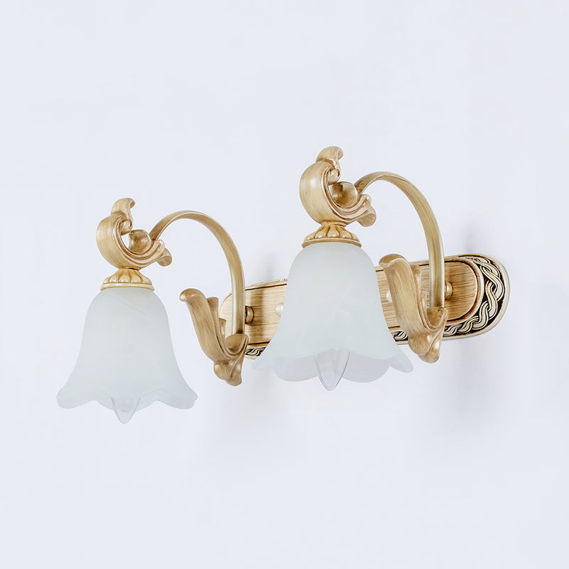 1/2/3-Head Flower Vanity Light Fixture Colonial Style Gold Opal Glass Wall Mounted Lamp for Bathroom Clearhalo 'Vanity Lights' 'Wall Lights' Lighting' 780600