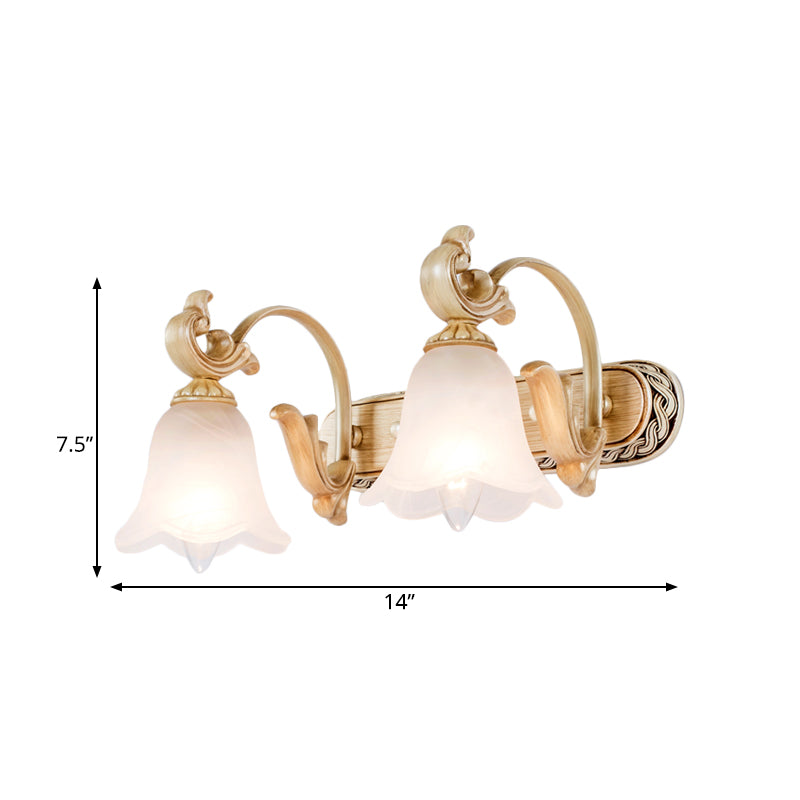 1/2/3-Head Flower Vanity Light Fixture Colonial Style Gold Opal Glass Wall Mounted Lamp for Bathroom Clearhalo 'Vanity Lights' 'Wall Lights' Lighting' 780601