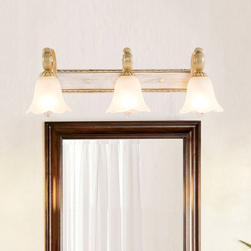 1/2/3-Head Flower Vanity Light Fixture Colonial Style Gold Opal Glass Wall Mounted Lamp for Bathroom Clearhalo 'Vanity Lights' 'Wall Lights' Lighting' 780603