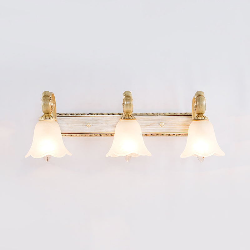 1/2/3-Head Flower Vanity Light Fixture Colonial Style Gold Opal Glass Wall Mounted Lamp for Bathroom Clearhalo 'Vanity Lights' 'Wall Lights' Lighting' 780605