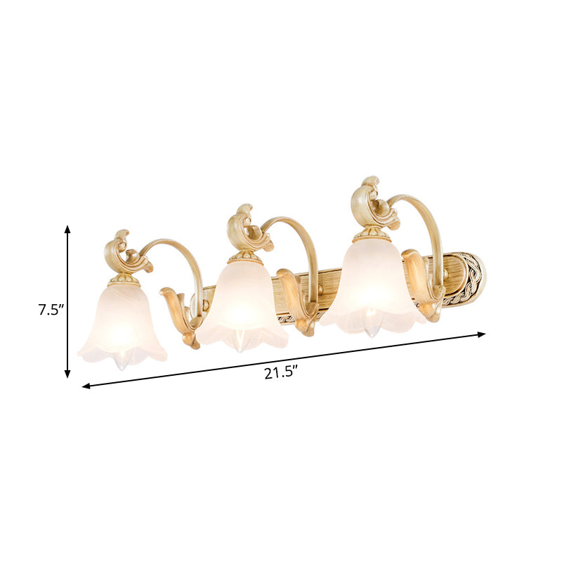 1/2/3-Head Flower Vanity Light Fixture Colonial Style Gold Opal Glass Wall Mounted Lamp for Bathroom Clearhalo 'Vanity Lights' 'Wall Lights' Lighting' 780606