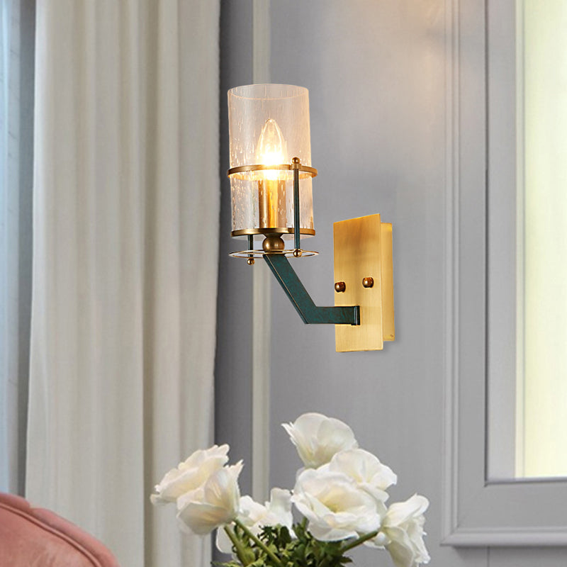 1 Bulb Wall Sconce Lighting Vintage Indoor Wall Mount Lamp Fixture with Cylinder Seeded Glass Shade in Brass Brass Clearhalo 'Wall Lamps & Sconces' 'Wall Lights' Lighting' 780607