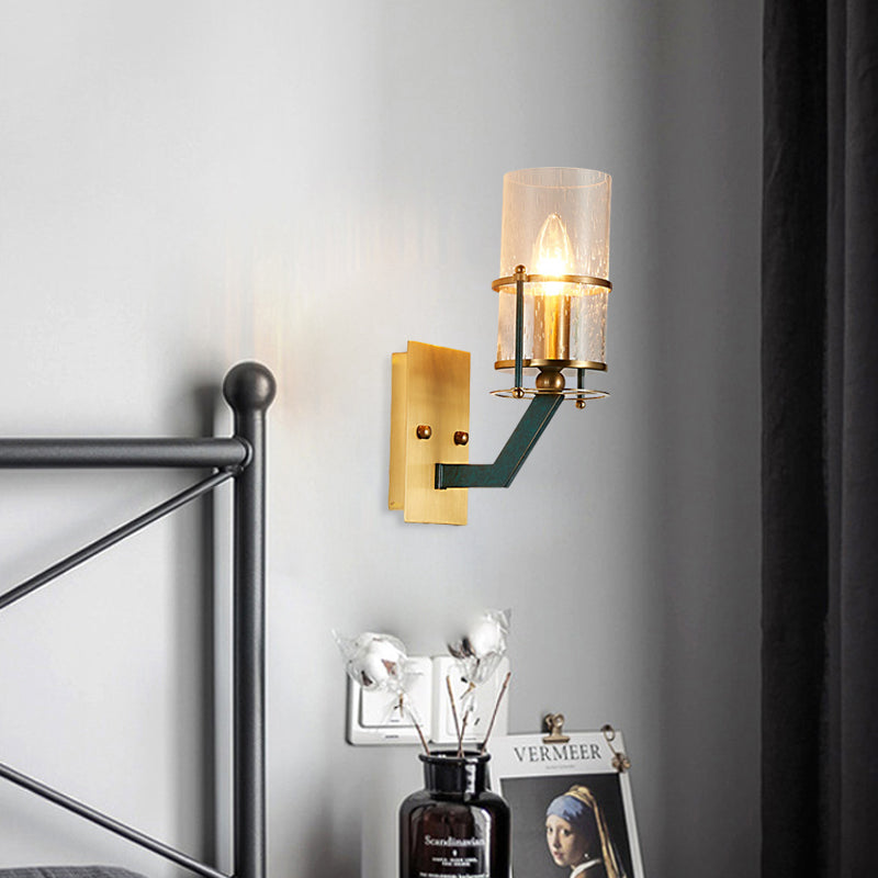 1 Bulb Wall Sconce Lighting Vintage Indoor Wall Mount Lamp Fixture with Cylinder Seeded Glass Shade in Brass Clearhalo 'Wall Lamps & Sconces' 'Wall Lights' Lighting' 780608