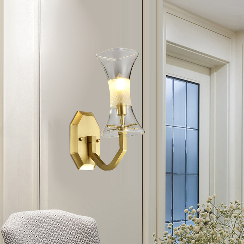 Clear Glass Brass Finish Sconce Lamp Hourglass 1-Head Vintage Wall Mounted Light Fixture Brass Clearhalo 'Wall Lamps & Sconces' 'Wall Lights' Lighting' 780615