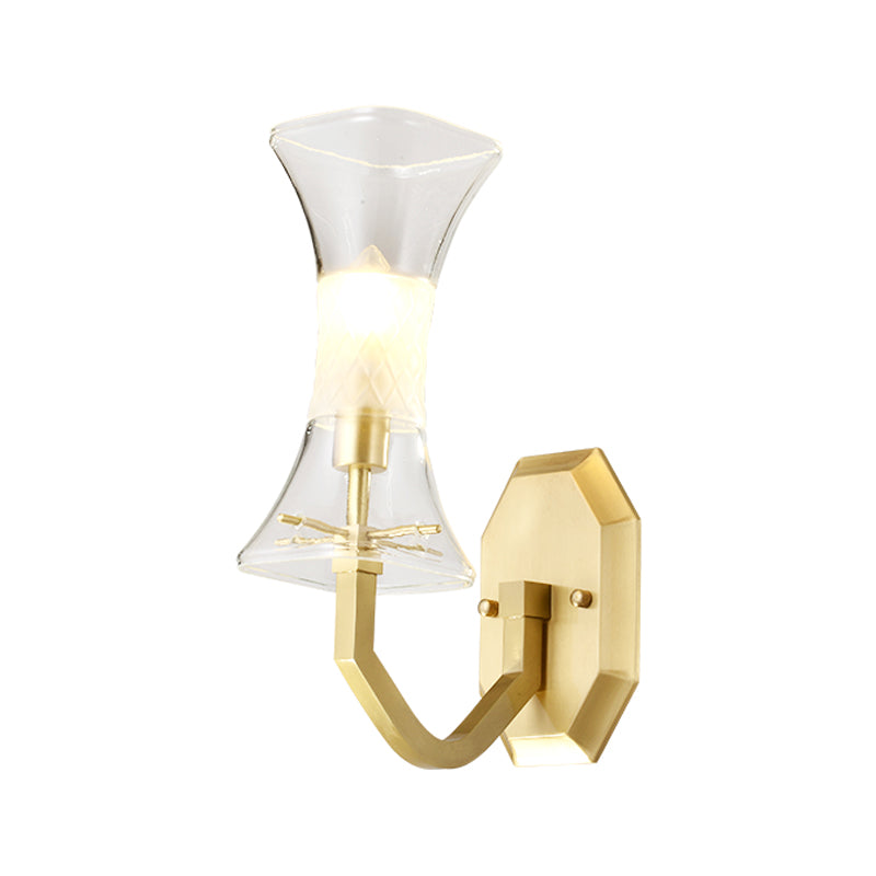 Clear Glass Brass Finish Sconce Lamp Hourglass 1-Head Vintage Wall Mounted Light Fixture Clearhalo 'Wall Lamps & Sconces' 'Wall Lights' Lighting' 780616