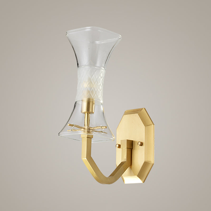 Clear Glass Brass Finish Sconce Lamp Hourglass 1-Head Vintage Wall Mounted Light Fixture Clearhalo 'Wall Lamps & Sconces' 'Wall Lights' Lighting' 780617