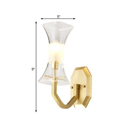 Clear Glass Brass Finish Sconce Lamp Hourglass 1-Head Vintage Wall Mounted Light Fixture Clearhalo 'Wall Lamps & Sconces' 'Wall Lights' Lighting' 780618